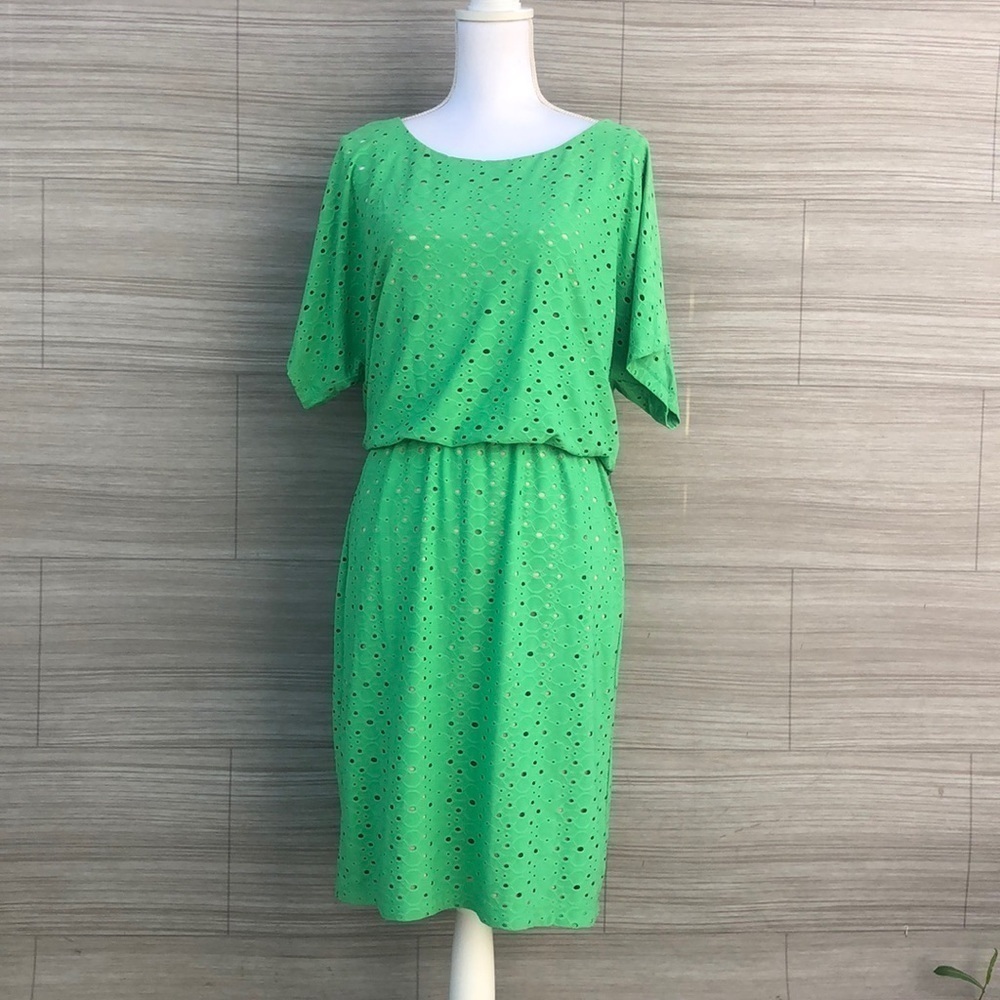 New York & Company Dress Size M Green Eyelet Blouson Elastic Waist Short Sleeve